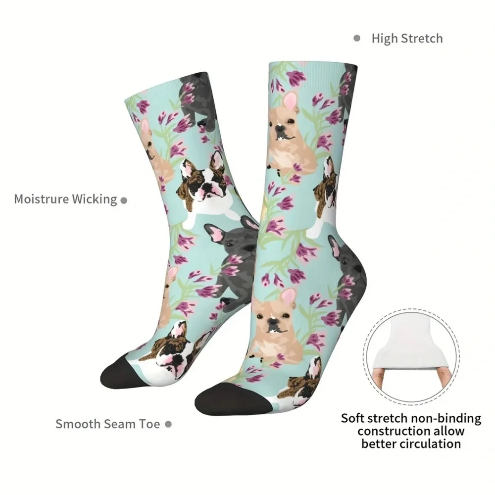 French Bulldog Dog and Floral Print Crew Socks - Unisex